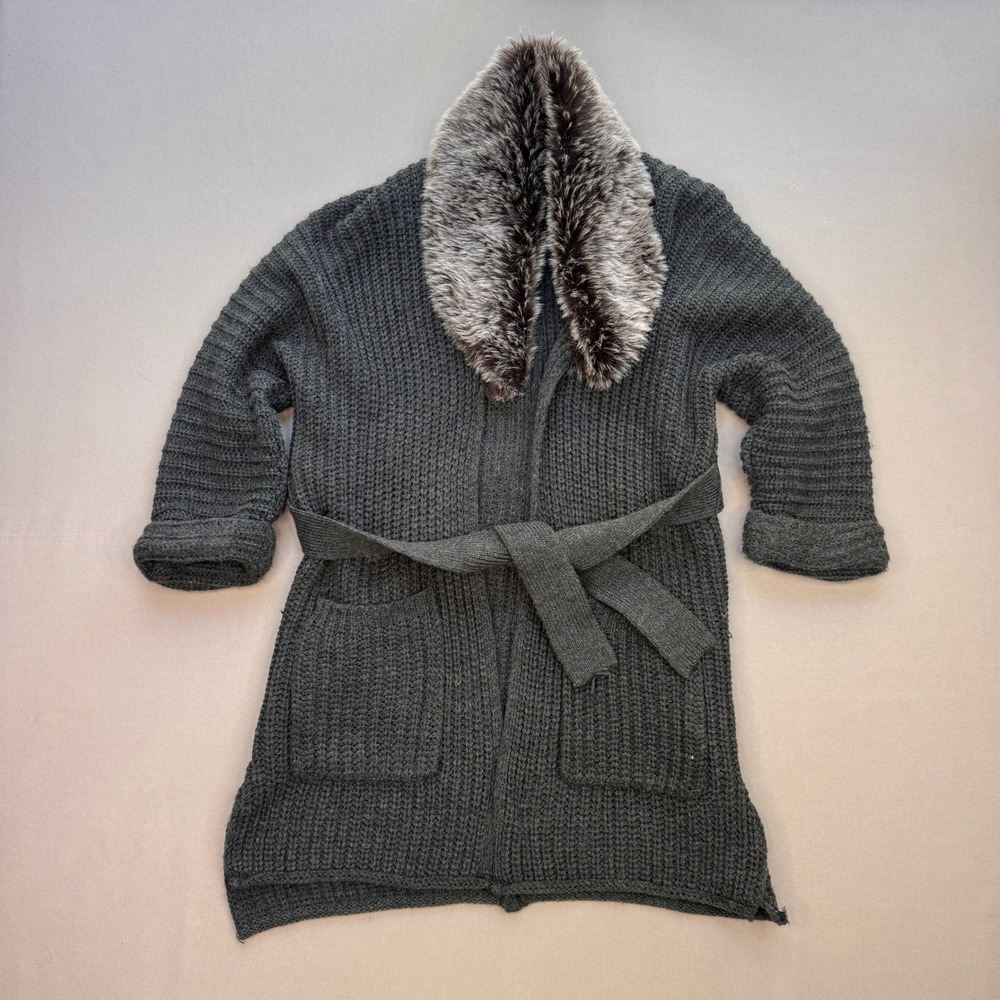 XOXO Charcoal Gray Faux Fur Collar Belted Longline Cardigan Sweater Women Medium